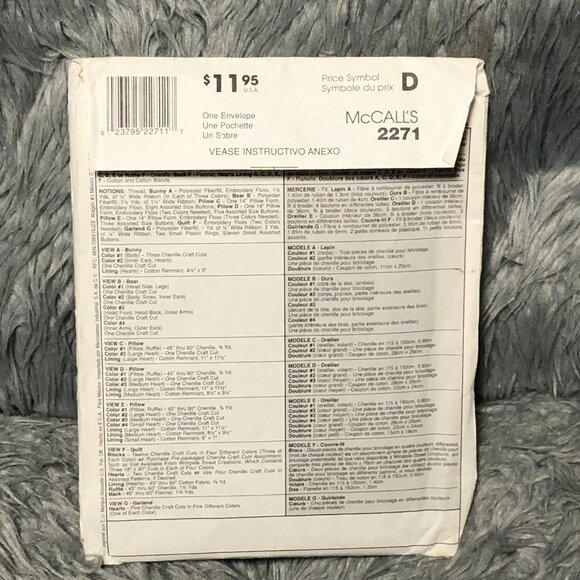 Baby Nursery Sewing Pattern McCall's 2271 Hearts Quilt Bear Pillow 1999 - Picture 2 of 4